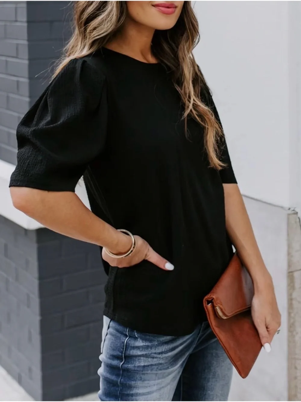 Black Puff Sleeve Women’s Top - Elegant Everyday Tee - Picture 2 of 6